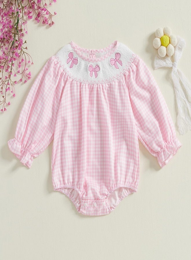 Lamuusaa Newborn Baby Girl Clothes Long Sleeve Smocked Romper Bow Embroidery Plaid Bodysuit Shirts Fall Outfits 0-18M (Pink, 12-18 Months) - Image 2