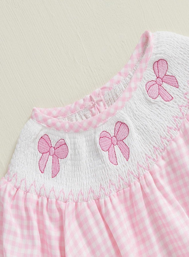 Lamuusaa Newborn Baby Girl Clothes Long Sleeve Smocked Romper Bow Embroidery Plaid Bodysuit Shirts Fall Outfits 0-18M (Pink, 12-18 Months) - Image 3