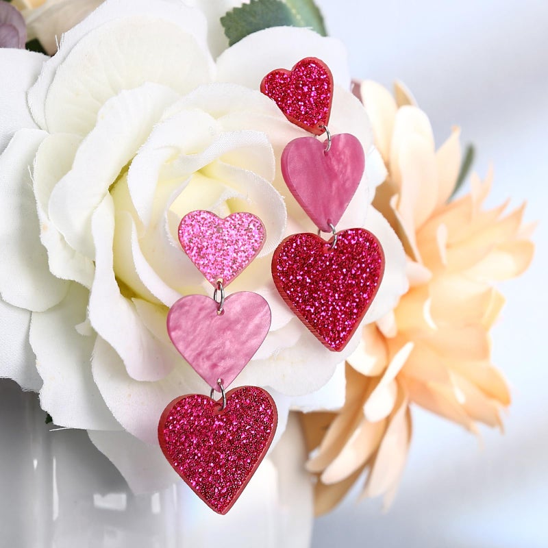AIZIXIN Heart Earrings Dangle Valentine's Day Earrings,Acrylic Cute Love Dangling Heart Shaped Earrings for Women Gift(rose pink) - Image 2