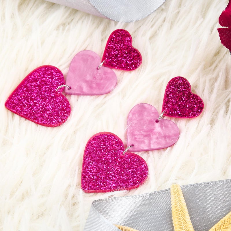 AIZIXIN Heart Earrings Dangle Valentine's Day Earrings,Acrylic Cute Love Dangling Heart Shaped Earrings for Women Gift(rose pink) - Image 4