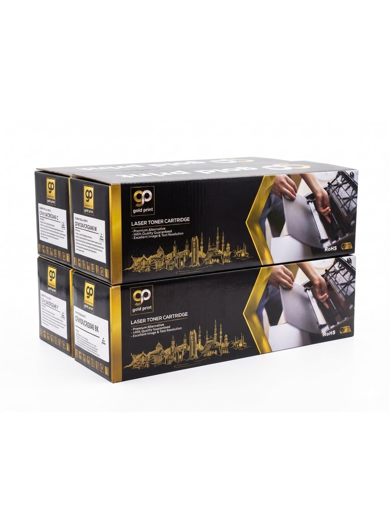 طباعة الذهب Gold Print Premium Toner Cartridge Universal Toner CF410A  CRG046 Pack, Compatible for HP Color LaserJet Pro M452dw, 452dn, 452nw, HP Color LaserJet Pro MFPM477fnw, M477fdn, M477fdw, MFP M377dw, Canon Color imageCLASS LBP654Cdw, MF735Cdw, MF731Cdw, MF733Cdw, Canon Color I-SENSYS LBP654Cx, 653Cdw, MF732Cdw, 734Cdw, 735Cx, Canon Satera MF731Cdw, LBP654C, LBP652C, LBP651C, MF735Cdw, MF733Cdw, HP Color For Use With: HP LaserJet Enterprise and Canon printer (Japan Powder) - Image 1