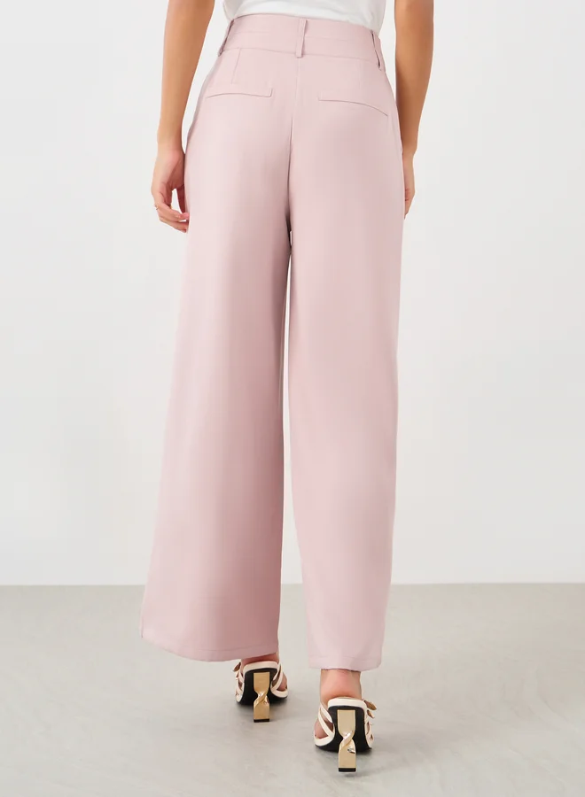 Styli Pleated Wide Leg Pants with Double Buttoned Waistband
