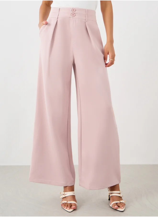 ستايلي Pleated Wide Leg Pants with Double Buttoned Waistband