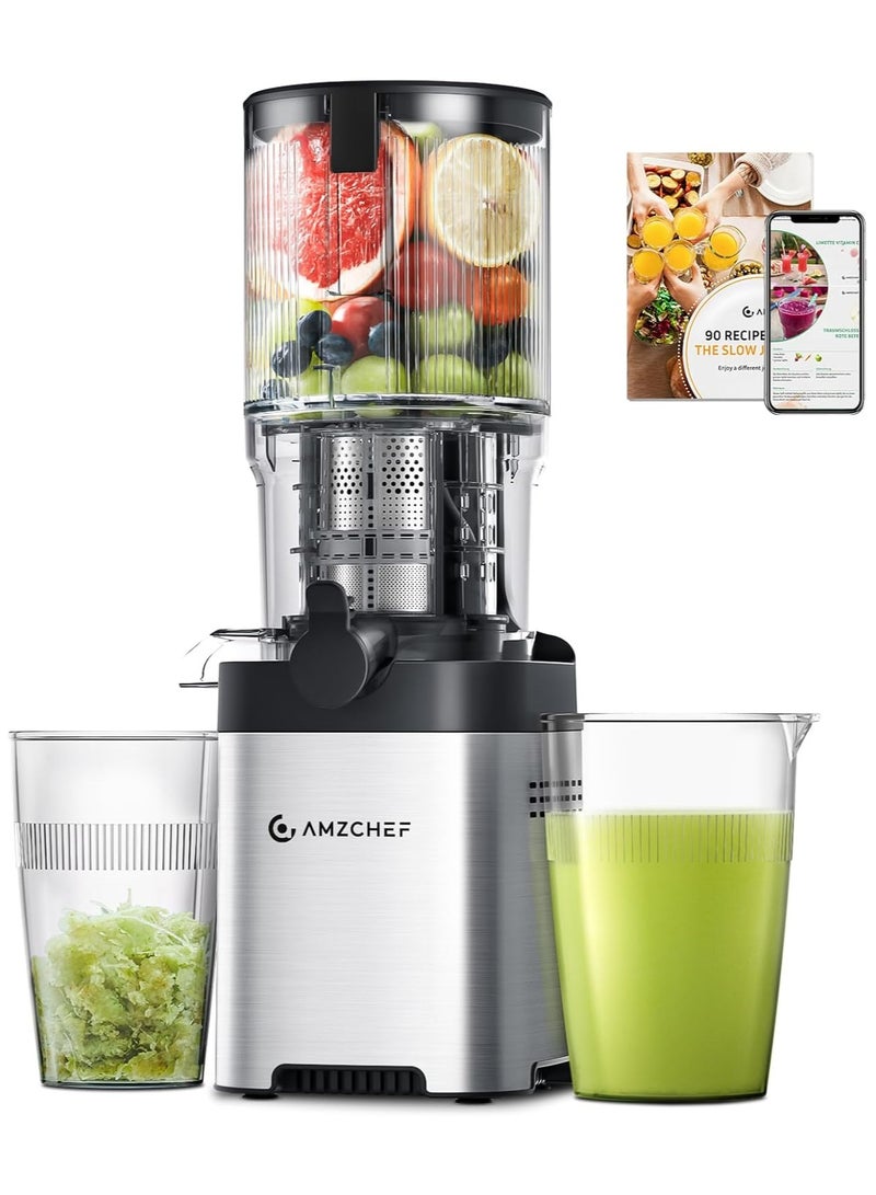 amzchef عصارة AMZCHEF مع لولبين للتعبئة والتقليب بدون استخدام اليدين - عصارة كهربائية بضغط بطيء بفتحة 126 مم وسعة كبيرة - Image 1