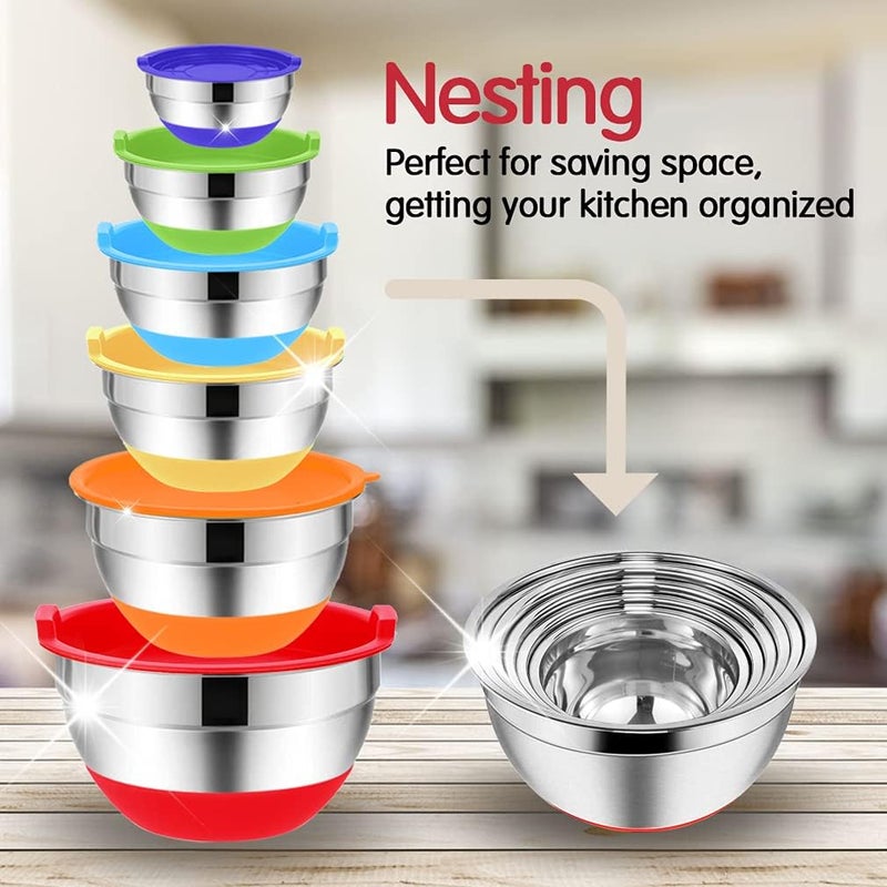 Rottay Mixing Bowls with Airtight Lids, 20PCS Stainless Steel Mixing Bowl Set, Nesting Bowls with 3 Grater Attachments & Non-Slip Bottoms, Size7, 4, 3, 2, 1.5, 1QT Bowls for Baking&Prepping - Image 3