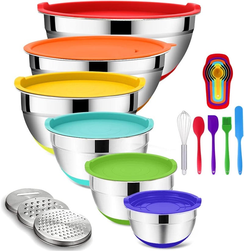 Rottay Mixing Bowls with Airtight Lids, 20PCS Stainless Steel Mixing Bowl Set, Nesting Bowls with 3 Grater Attachments & Non-Slip Bottoms, Size7, 4, 3, 2, 1.5, 1QT Bowls for Baking&Prepping - Image 1