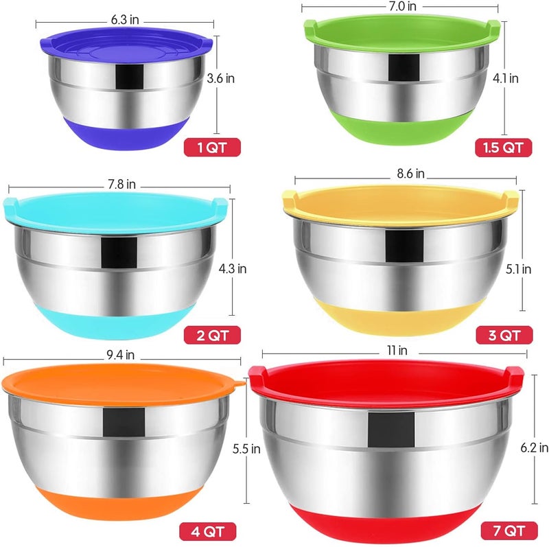 Rottay Mixing Bowls with Airtight Lids, 20PCS Stainless Steel Mixing Bowl Set, Nesting Bowls with 3 Grater Attachments & Non-Slip Bottoms, Size7, 4, 3, 2, 1.5, 1QT Bowls for Baking&Prepping - Image 5
