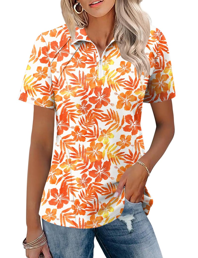 LOMON Golf Shirt for Women Casual Short Sleeve T-Shirts Half Zip Collared Moisture Wicking Tennis Polo Shirt Pleated (Orange Leaf,Medium) - Image 1