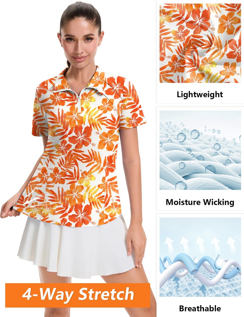 LOMON Golf Shirt for Women Casual Short Sleeve T-Shirts Half Zip Collared Moisture Wicking Tennis Polo Shirt Pleated (Orange Leaf,Medium) - Image 5