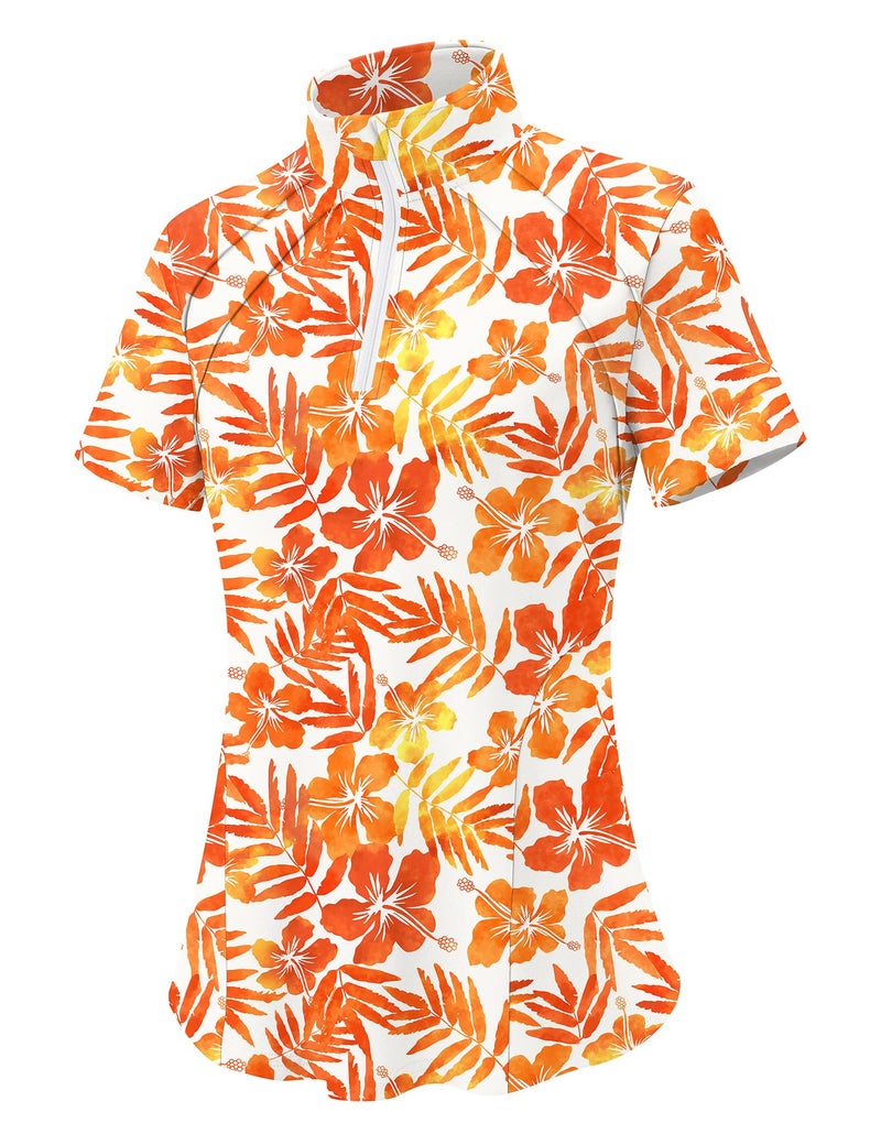 LOMON Golf Shirt for Women Casual Short Sleeve T-Shirts Half Zip Collared Moisture Wicking Tennis Polo Shirt Pleated (Orange Leaf,Medium) - Image 4