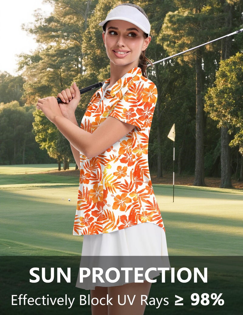 LOMON Golf Shirt for Women Casual Short Sleeve T-Shirts Half Zip Collared Moisture Wicking Tennis Polo Shirt Pleated (Orange Leaf,Medium) - Image 2