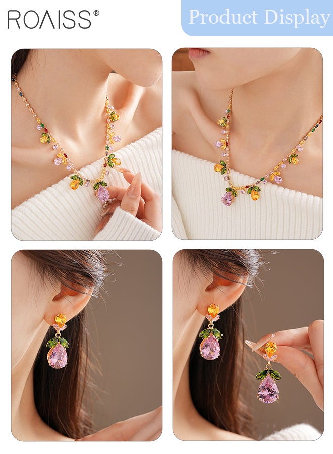 رويس مجموعة مجوهرات مكونة من 3 قطع من القلائد والأقراط على شكل أوراق دمعة ملونة لامعة من الزركون مناسبة للحفلات النسائية والمهرجانات، إكسسوارات أزياء أنيقة - Image 2