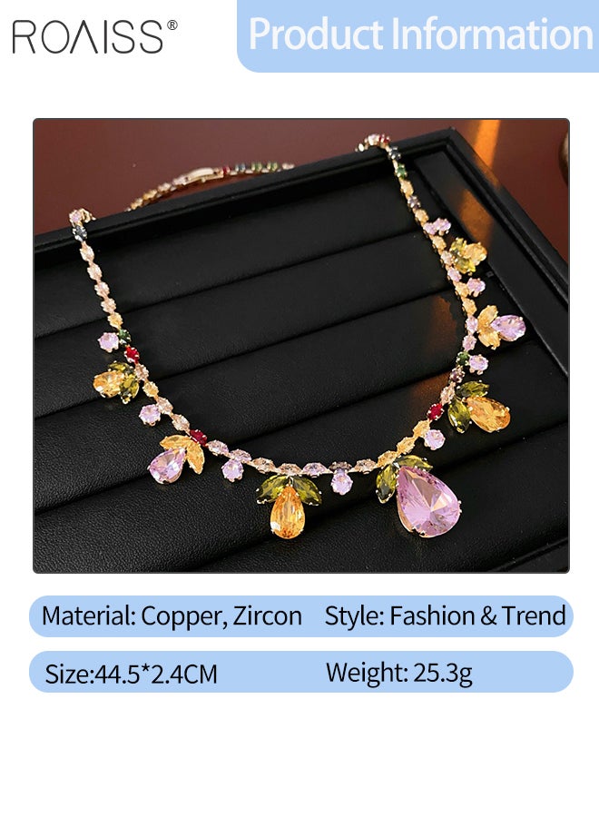 رويس مجموعة مجوهرات مكونة من 3 قطع من القلائد والأقراط على شكل أوراق دمعة ملونة لامعة من الزركون مناسبة للحفلات النسائية والمهرجانات، إكسسوارات أزياء أنيقة - Image 3