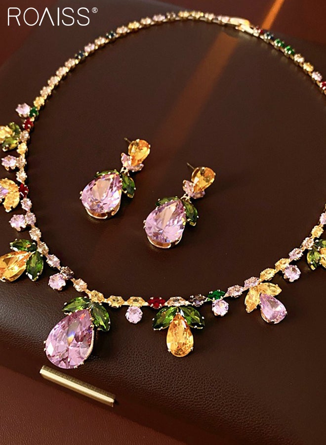 رويس مجموعة مجوهرات مكونة من 3 قطع من القلائد والأقراط على شكل أوراق دمعة ملونة لامعة من الزركون مناسبة للحفلات النسائية والمهرجانات، إكسسوارات أزياء أنيقة - Image 5