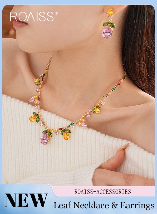 رويس مجموعة مجوهرات مكونة من 3 قطع من القلائد والأقراط على شكل أوراق دمعة ملونة لامعة من الزركون مناسبة للحفلات النسائية والمهرجانات، إكسسوارات أزياء أنيقة - Image 1