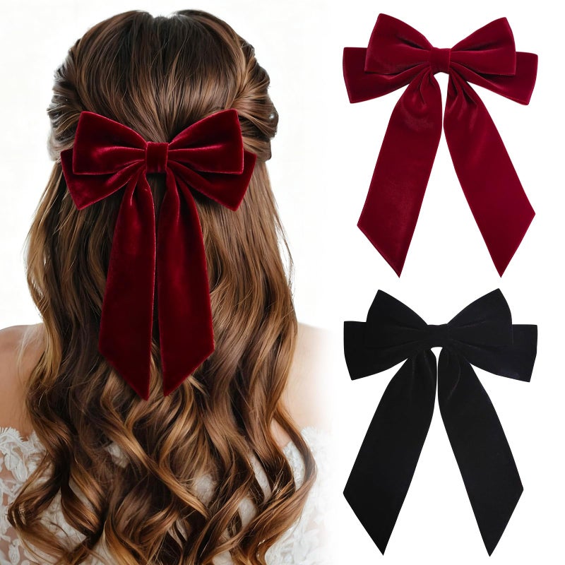 Revkokmx 2PCS Velvet Bows Hair Clip Ribbon Black Red Accessories Bow for Women Girls Toddlers Teens Kids - Image 1