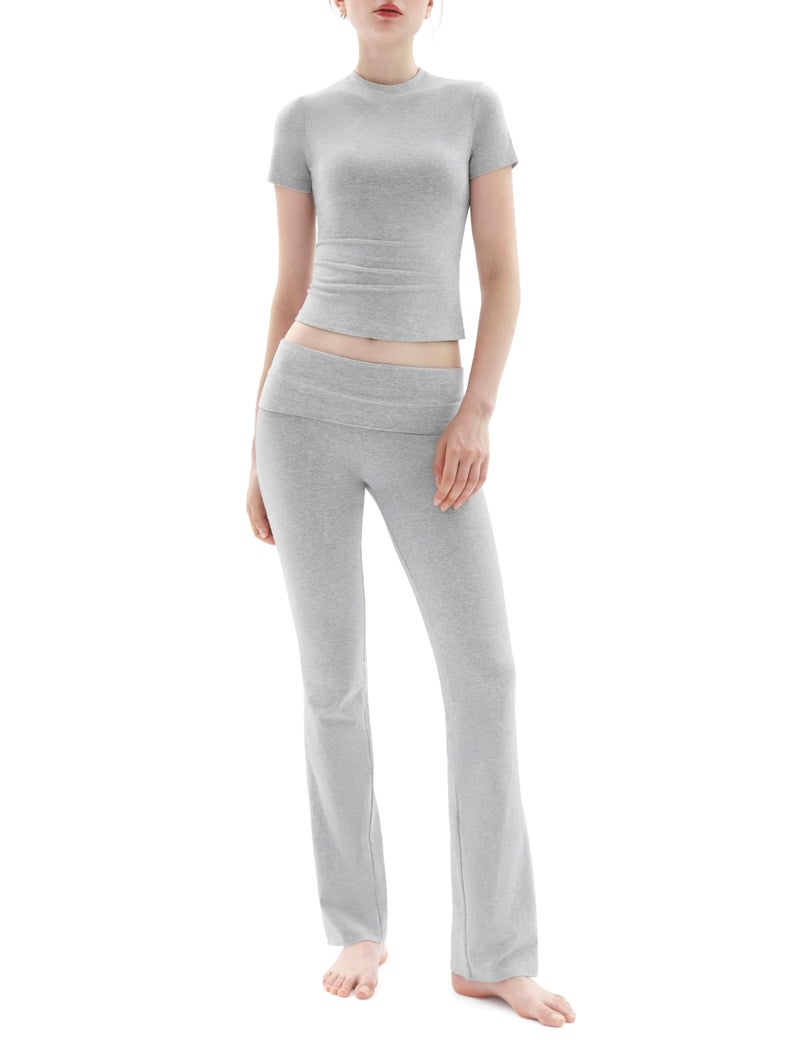 PUMIEY Lounge Sets for Women Two Piece Sets Fold-Over Flare Pants Crew Neck Short Sleeve T-shirts Loungewear Tracksuit, Heather Grey Small - Image 1