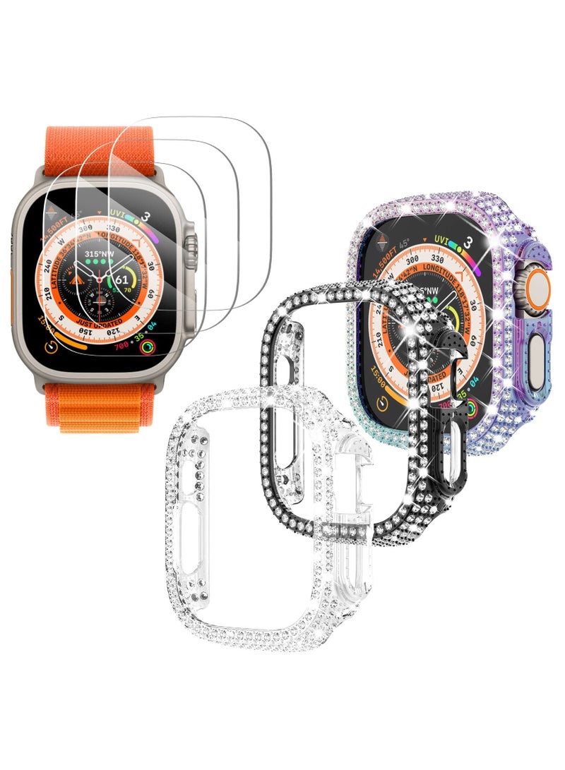 SYOSI 3-Pack Compatible with Apple Watch Ultra 49mm Cases Crystal Diamond Protective Bumper Covers with Screen Protector for iWatch Ultra 2/Ultra Men Women, (49mm, Black/Rainbow/Clear) - Image 1