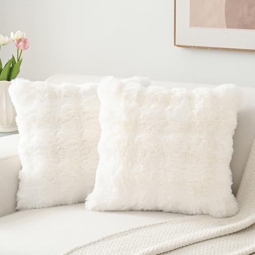 Volcanics Pack of 2 Thick Plush Faux Wool Decorative Throw Pillow Covers 18x18 Inch White Soft Fluffy Faux Fur Cushion Covers for Sofa Bedroom Pillow Shell - Image 1