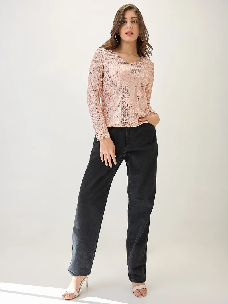 globus Women V-Neck Long Sleeves Embellished Party Top