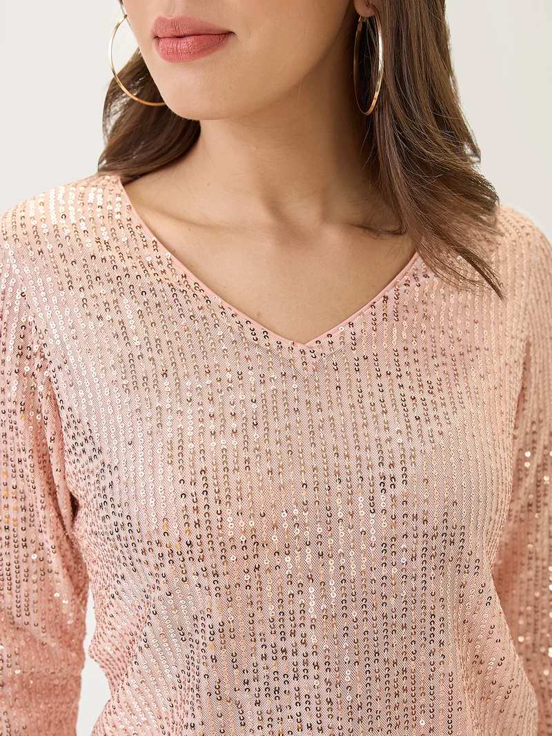 globus Women V-Neck Long Sleeves Embellished Party Top