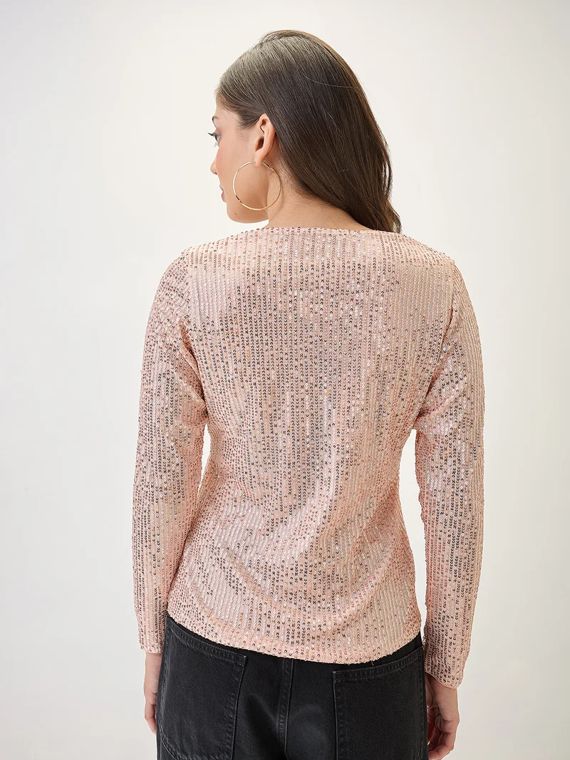 globus Women V-Neck Long Sleeves Embellished Party Top