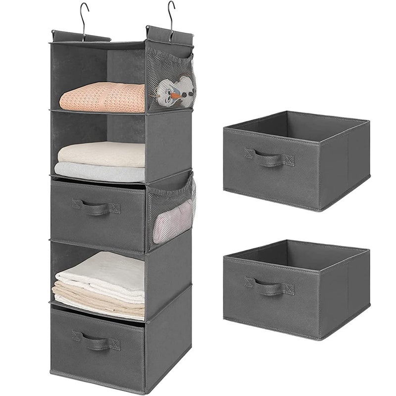 MAX Houser 5 Tier Shelf Hanging Closet Organizer Cloth Hanging Shelf with 2 Sturdy Hooks for Storage Foldable GreyD2