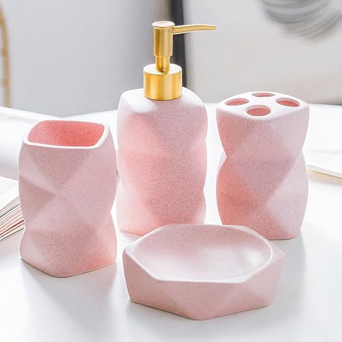 Cevly Bathroom Accessories Set,4 Pcs Bathroom Accessory Set,Includes Lotion Soap Dispenser,Toothbrush Holder,Tumbler,Soap Dish,Ceramic Bathroom Sets Complete,Bathroom Sink Set for Modern Home Decor(Pink) - Image 1