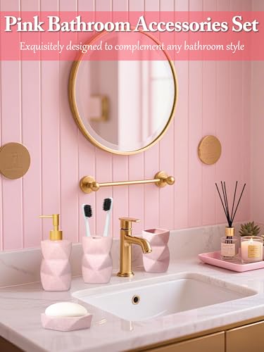 Cevly Bathroom Accessories Set,4 Pcs Bathroom Accessory Set,Includes Lotion Soap Dispenser,Toothbrush Holder,Tumbler,Soap Dish,Ceramic Bathroom Sets Complete,Bathroom Sink Set for Modern Home Decor(Pink) - Image 2