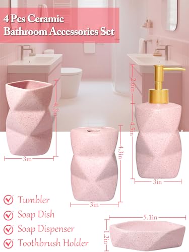 Cevly Bathroom Accessories Set,4 Pcs Bathroom Accessory Set,Includes Lotion Soap Dispenser,Toothbrush Holder,Tumbler,Soap Dish,Ceramic Bathroom Sets Complete,Bathroom Sink Set for Modern Home Decor(Pink) - Image 3