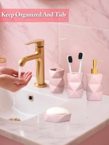 Cevly Bathroom Accessories Set,4 Pcs Bathroom Accessory Set,Includes Lotion Soap Dispenser,Toothbrush Holder,Tumbler,Soap Dish,Ceramic Bathroom Sets Complete,Bathroom Sink Set for Modern Home Decor(Pink) - Image 4