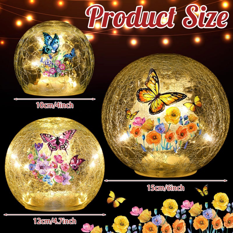 Glooglitter 3pcs Spring Crackle Glass Ball Lights - Butterfly Ball Lamp Ornaments Indoor Globes Decorations LED Night Tabletop Decorative Sphere Lamp for Home Decor - Image 2