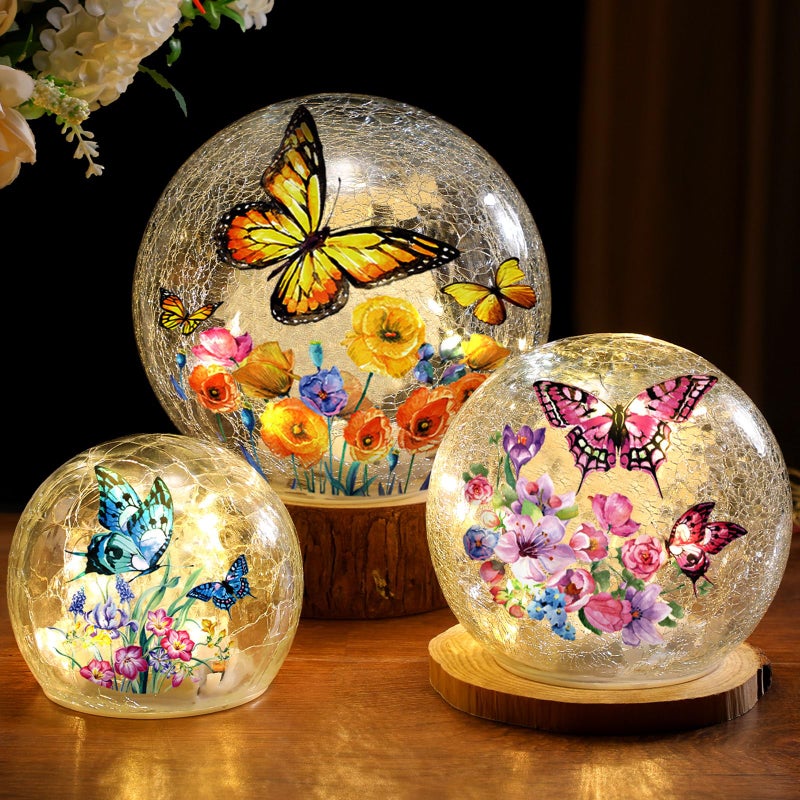 Glooglitter 3pcs Spring Crackle Glass Ball Lights - Butterfly Ball Lamp Ornaments Indoor Globes Decorations LED Night Tabletop Decorative Sphere Lamp for Home Decor - Image 1
