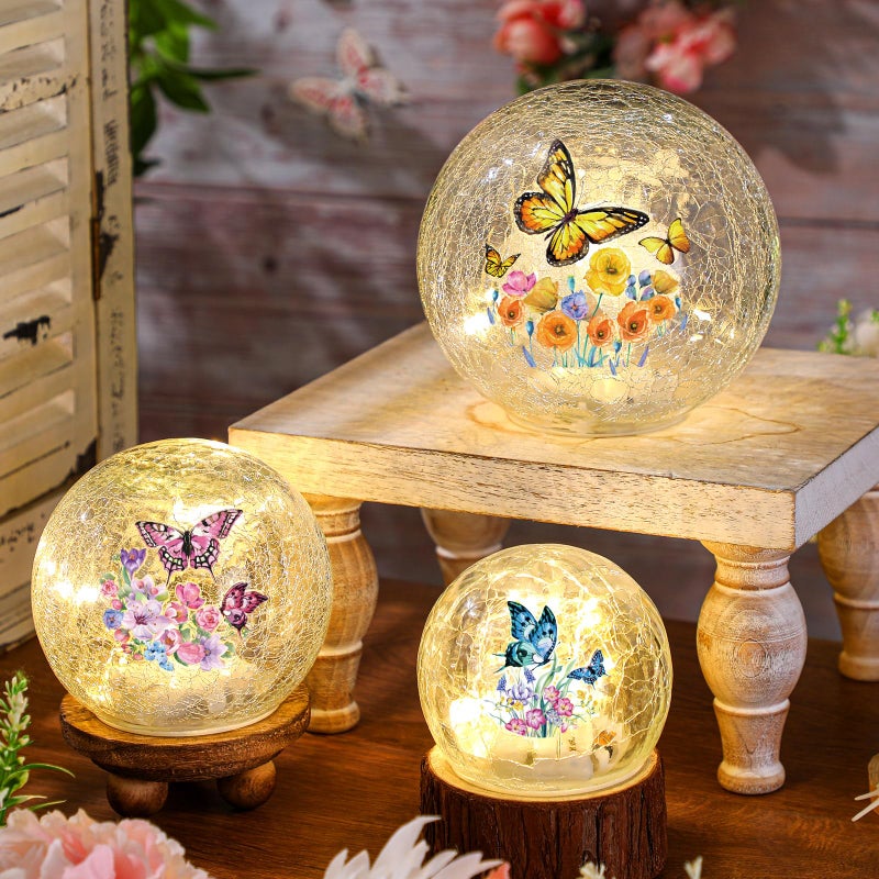 Glooglitter 3pcs Spring Crackle Glass Ball Lights - Butterfly Ball Lamp Ornaments Indoor Globes Decorations LED Night Tabletop Decorative Sphere Lamp for Home Decor - Image 4