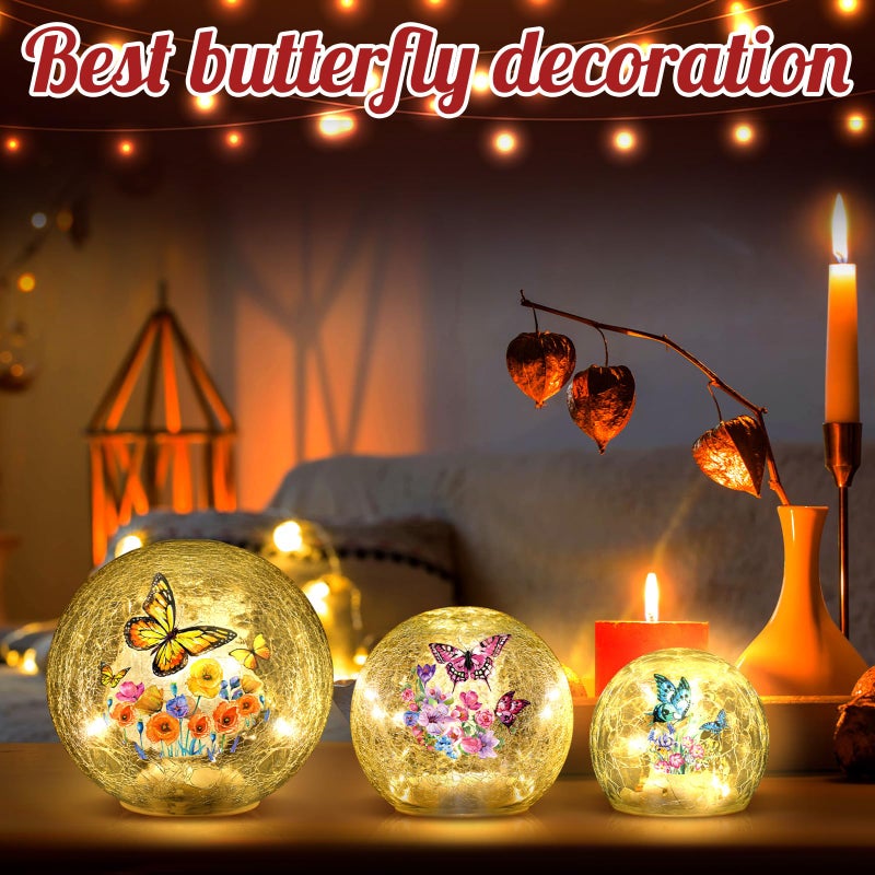 Glooglitter 3pcs Spring Crackle Glass Ball Lights - Butterfly Ball Lamp Ornaments Indoor Globes Decorations LED Night Tabletop Decorative Sphere Lamp for Home Decor - Image 5
