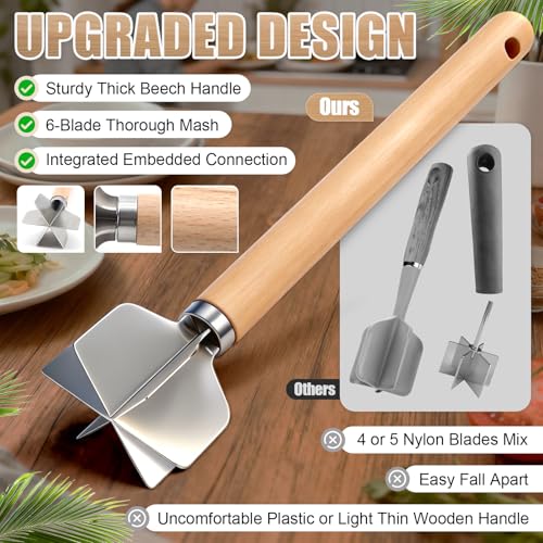 Lignumix 304 Stainless Steel Meat Chopper,Food Grade 6-Blade Ground Beef Chopper Potato Masher Hamburger Smasher Tool for Kitchen Cooking Vegetable Puree 11'' - Image 4