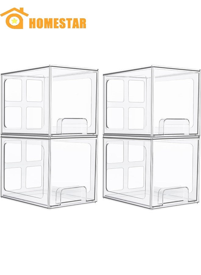 HOMESTAR 4 Pack Stackable Storage Drawers,  Acrylic Bathroom Makeup Organizers, Clear Plastic Bins For Vanity, Undersink, Kitchen Cabinet, Pantry Organization - Image 1