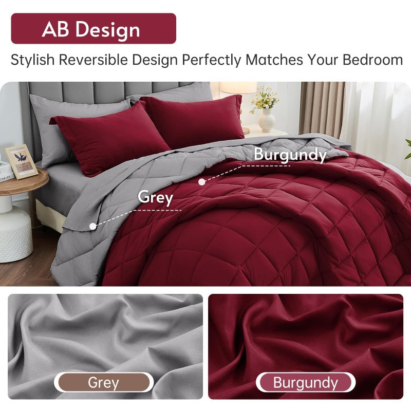 MUXHOMO 7 Pieces King Comforter Set, Reversible Bed in a Bag King Size, All Season Bedding Set with Comforter, Flat Sheet, Fitted Sheet, Pillowcases & Shams, Burgundy & Grey - Image 3