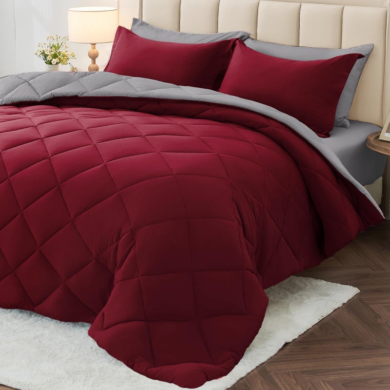 MUXHOMO 7 Pieces King Comforter Set, Reversible Bed in a Bag King Size, All Season Bedding Set with Comforter, Flat Sheet, Fitted Sheet, Pillowcases & Shams, Burgundy & Grey - Image 1