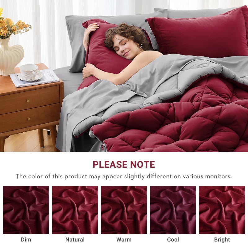 MUXHOMO 7 Pieces King Comforter Set, Reversible Bed in a Bag King Size, All Season Bedding Set with Comforter, Flat Sheet, Fitted Sheet, Pillowcases & Shams, Burgundy & Grey - Image 4
