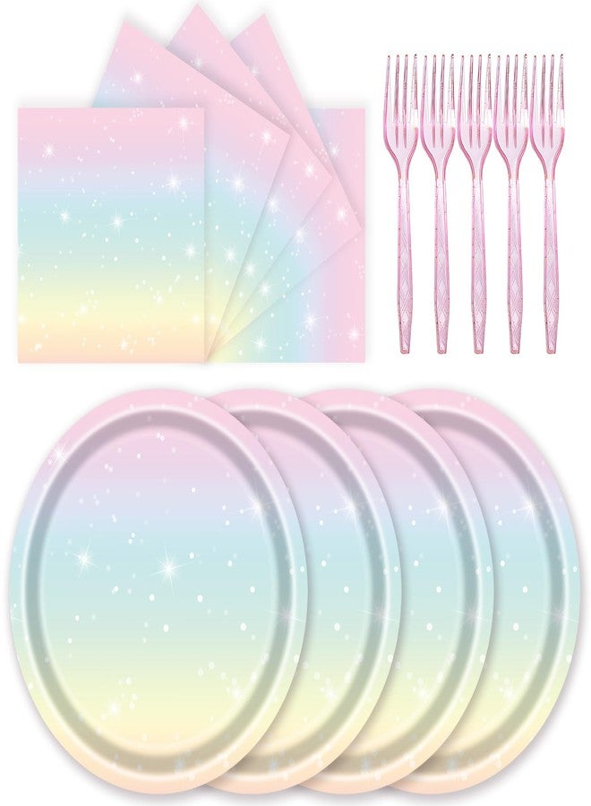 LYFREE 72 Pcs Pastel Rainbow Paper Plates 7in Disposable Birthday Dessert Plates Napkins and Forks Party Tableware Set Decoration Supplies for Girls Birthday Baby Shower Wedding Graduation Party, Serve 24 - Image 1