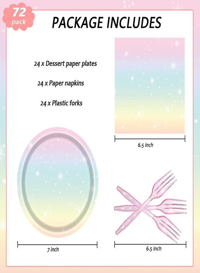 LYFREE 72 Pcs Pastel Rainbow Paper Plates 7in Disposable Birthday Dessert Plates Napkins and Forks Party Tableware Set Decoration Supplies for Girls Birthday Baby Shower Wedding Graduation Party, Serve 24 - Image 2