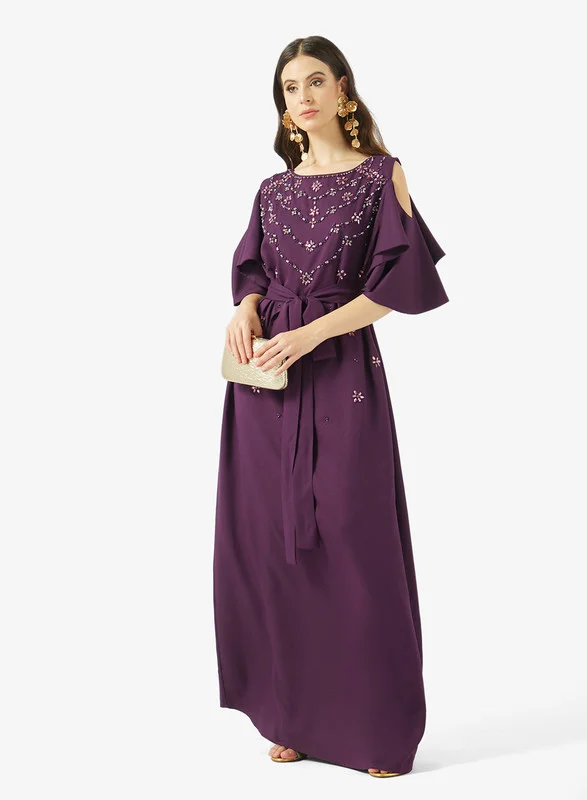 AINA Embellished Cold-Shoulder Gown with Layered Sleeves