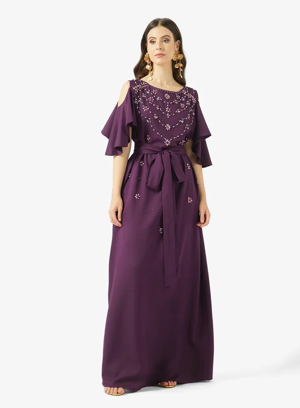 AINA Embellished Cold-Shoulder Gown with Layered Sleeves