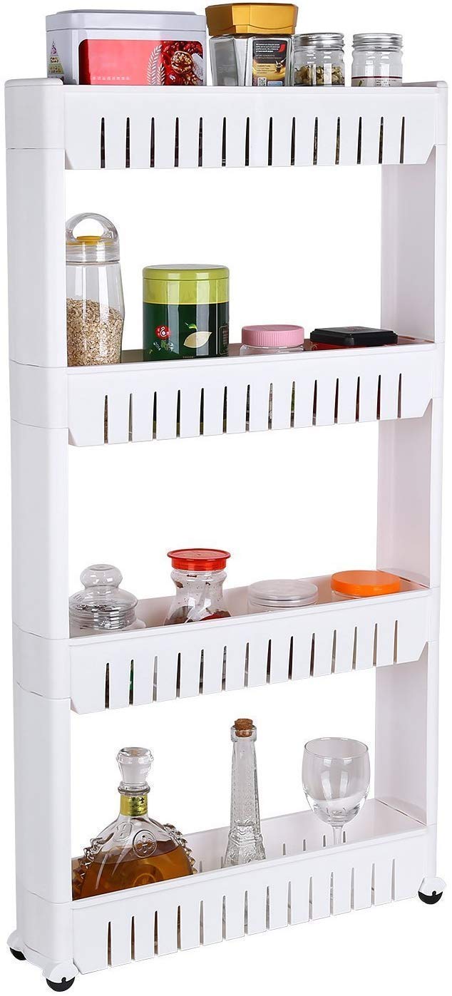 ATOOZED 4 Layer Kitchen Home Storage Rack Space Saving Storage Organizer Slim Rack Shelf with Wheels Slim Slide Out Kitchen Trolley Rack Holder Storage Organizer for Kitchen Bathroom White - Image 1