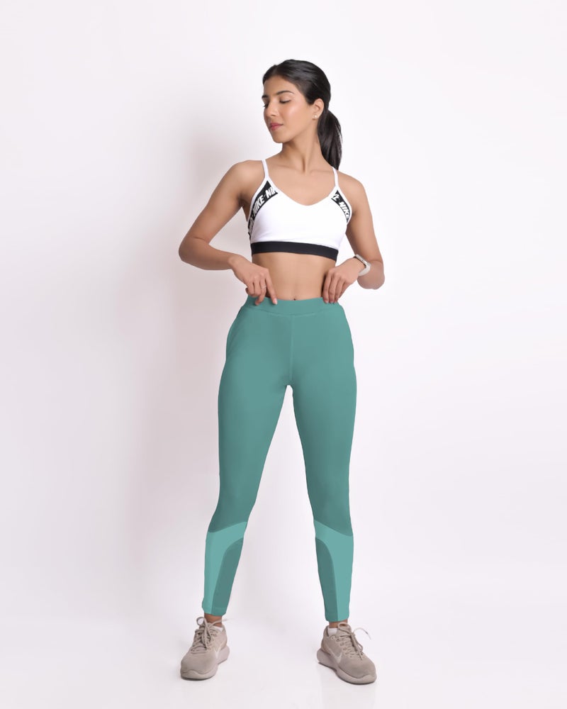 Mehrang Women High Rise Gym Wear Mesh Leggings Workout Pants With Side Pockets/Stretchable Tights/Highwaist Sports Fitness Yoga Track Pants (L, English Green) - Image 5