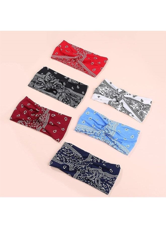 Retro Paisley Print Headbands for Women Knotted Boho Stretchy Headbands Head Wraps Yoga Sport Hair Bands for Girls 6packs