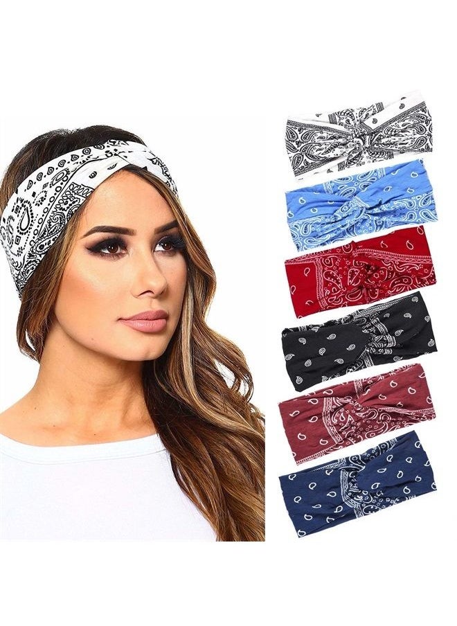 Retro Paisley Print Headbands for Women Knotted Boho Stretchy Headbands Head Wraps Yoga Sport Hair Bands for Girls 6packs
