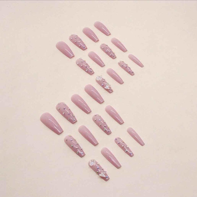 Foccna Coffin Press on Nails Long, Pink Fake Nails Acrylic Crystal False Nails,Artificial Nails for Women and Girls,24 pcs - Image 2