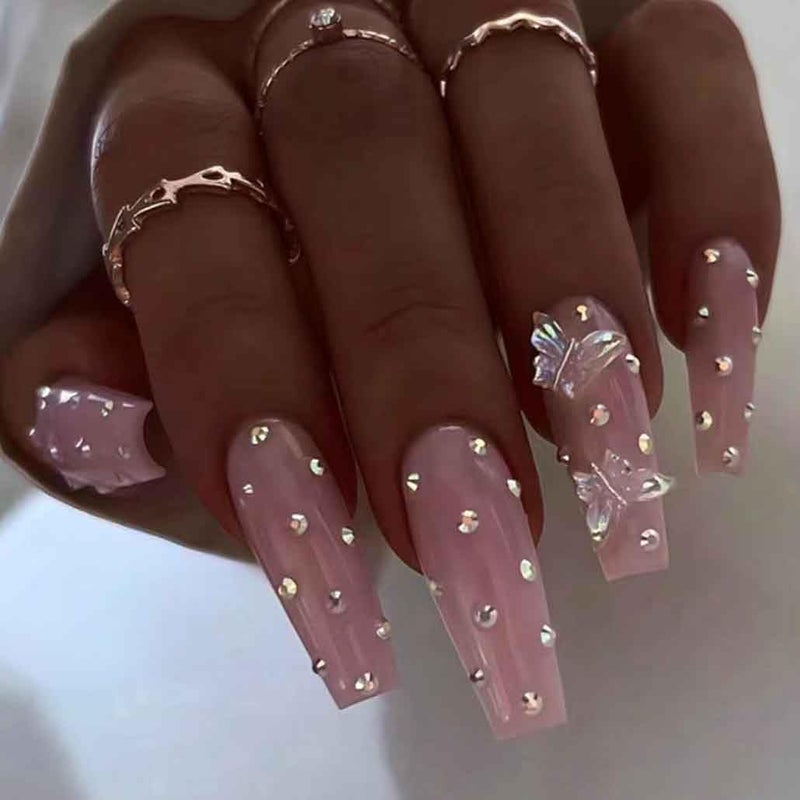 Foccna Coffin Press on Nails Long, Pink Fake Nails Acrylic Crystal False Nails,Artificial Nails for Women and Girls,24 pcs - Image 1